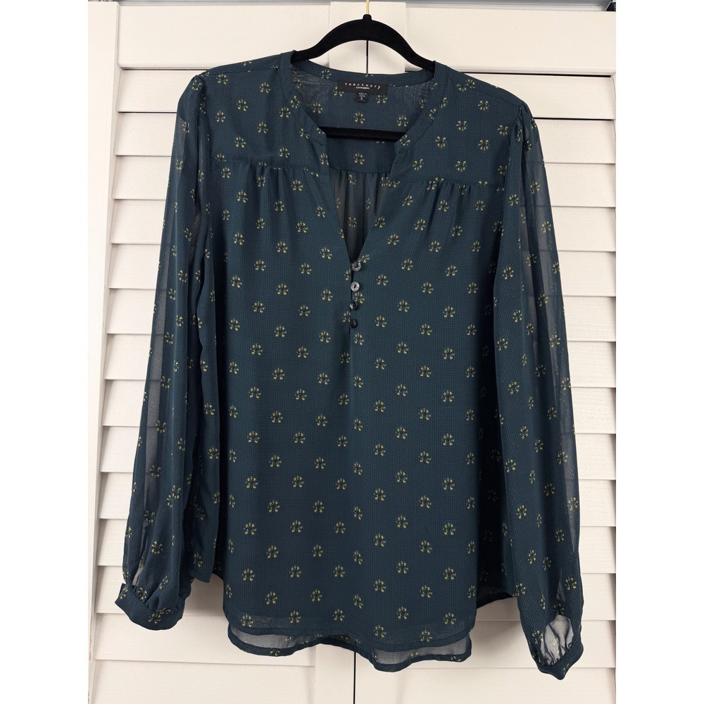 Sanctuary Blouse Women L Teal Floral Print Sheer Long Sleeve Split Neck READ